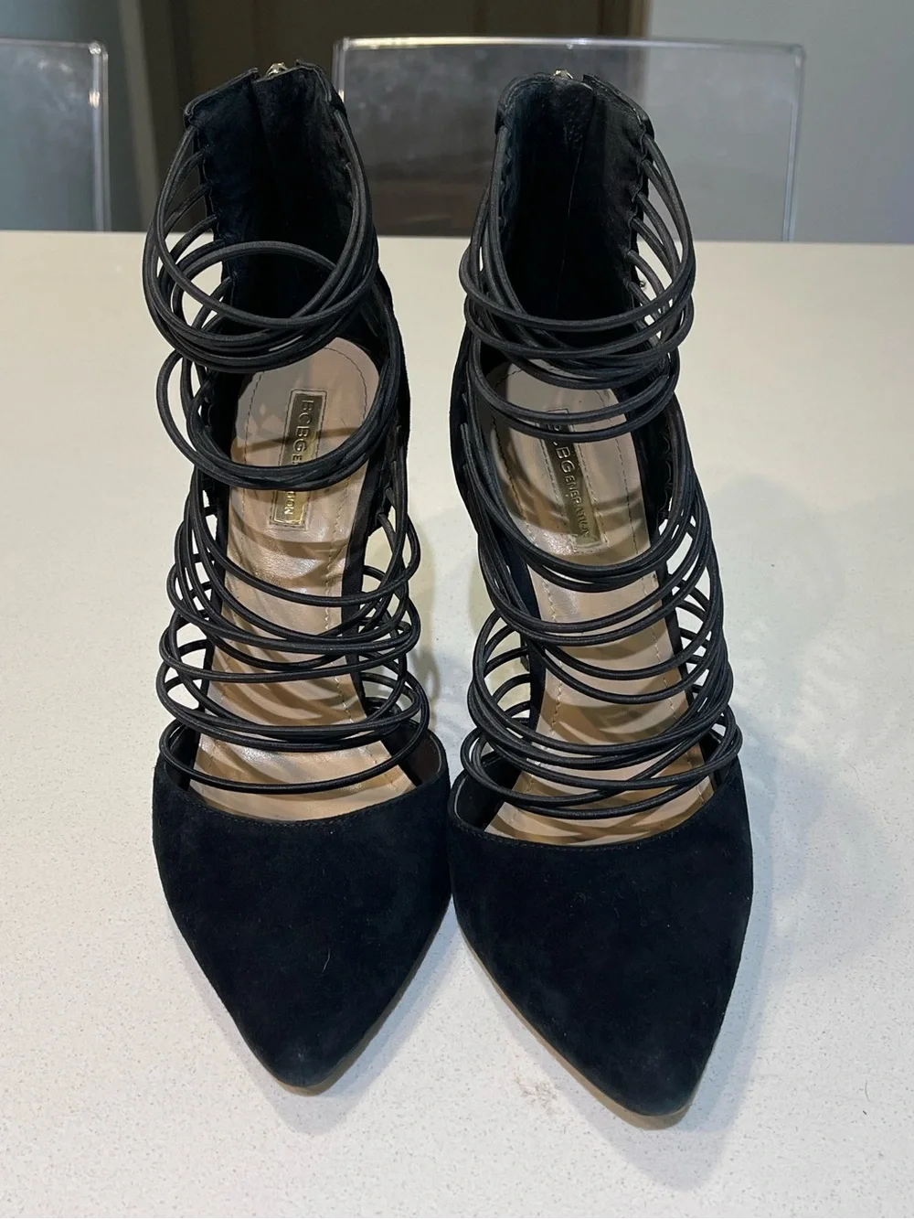 BCBGeneration Black Strappy Suede Pointed-Toe Stiletto Heels
